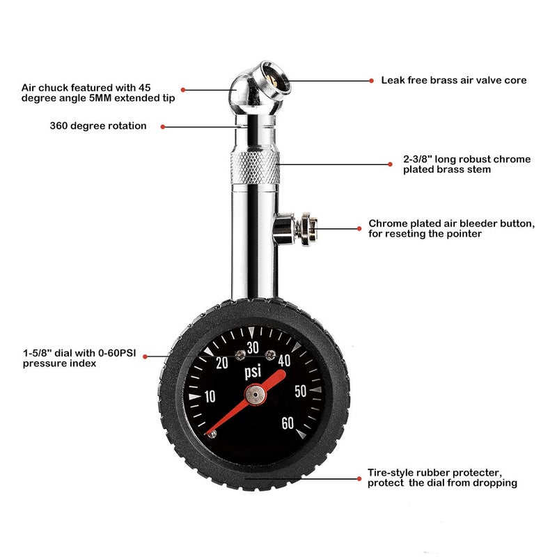 CZC AUTO Heavy Duty Tire Pressure Gauge, ANSI B40.1 Accurate Mechanical Air Gage, Chrome Plated Brass Stem Rotating Single Chuck Dial Wheel Pressure Tester for Motorcycle Bike Car RV Bicycle, 0-60PSI - Image 3